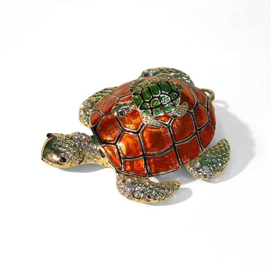 Enamel Jewelry Box in the Shape of Mother - and - Baby Turtles